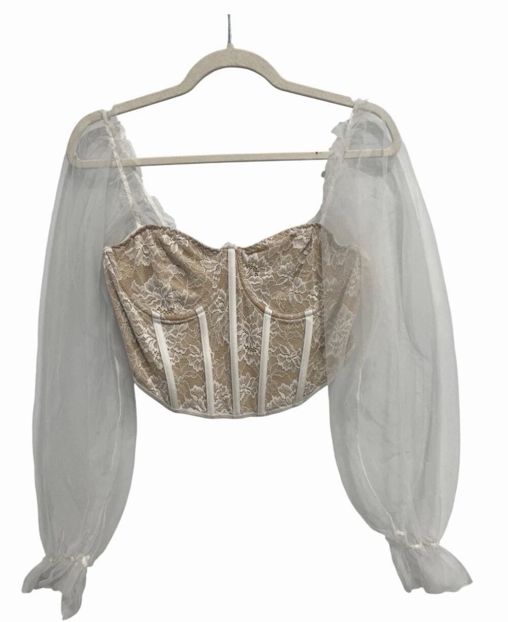 Sheer Corset Top Size Large Floral Lace Romantic Babydoll Balloon Coquette